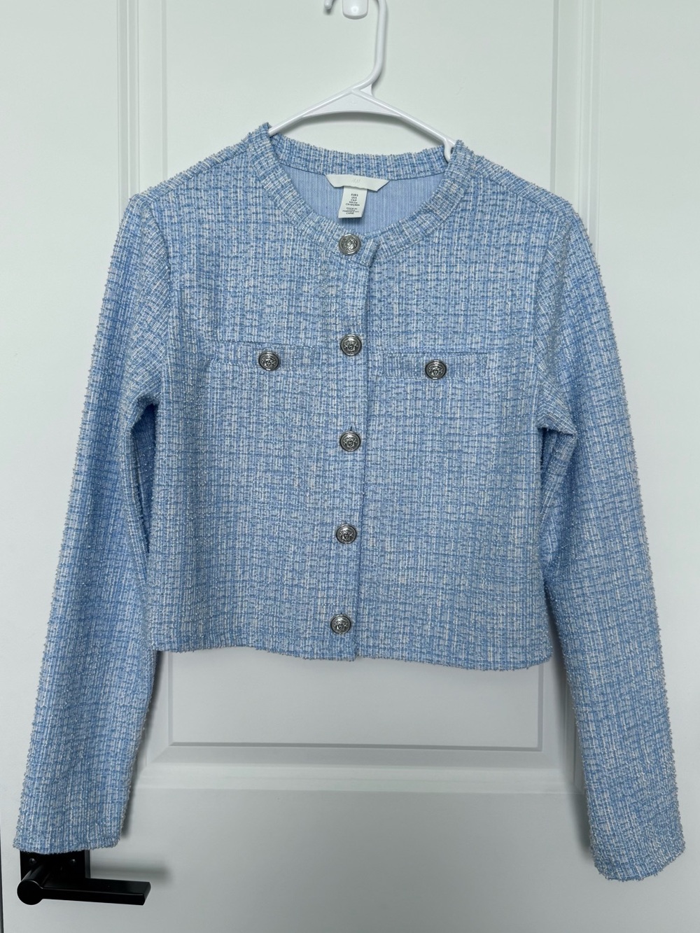 Light Blue Textured Cropped Jacket/Cardigan Silver Buttons